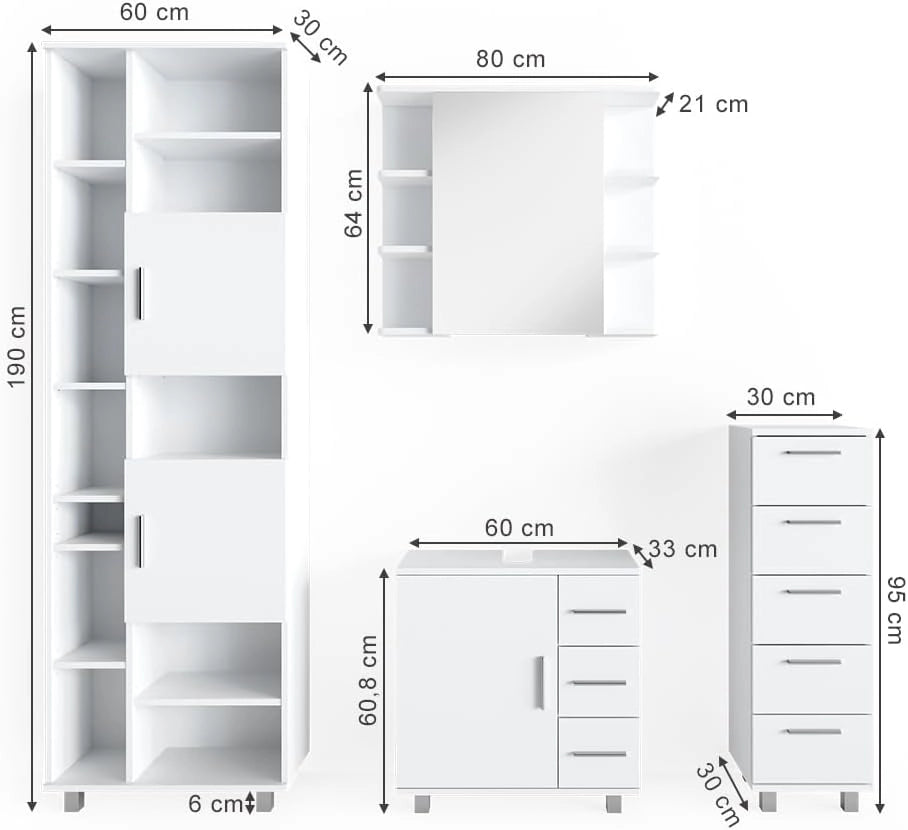 Set mobili bagno Ilias, Bianco, 60 cm, composto da mobile lavabo, pensile a specchio, colonna e base media