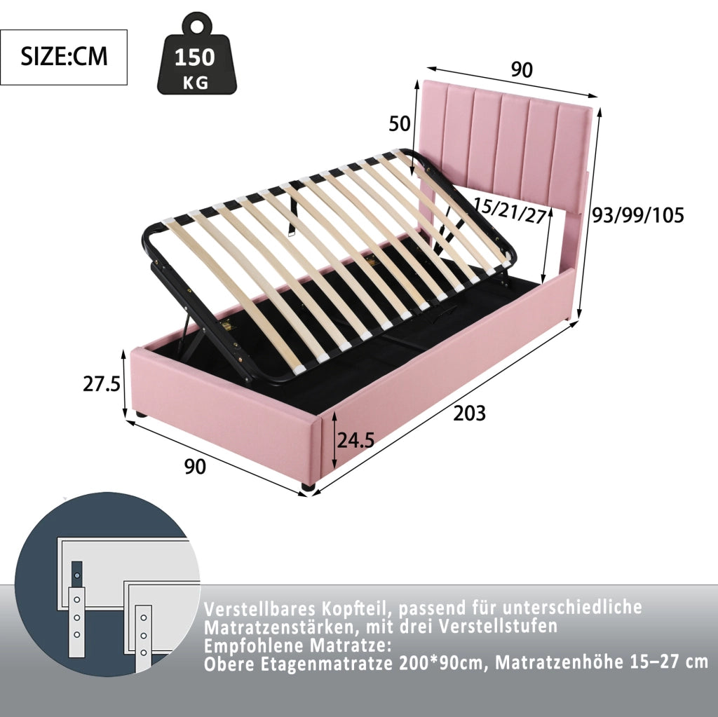 Letto imbottito con contenitore idraulico 90x200 cm; lino; rosa