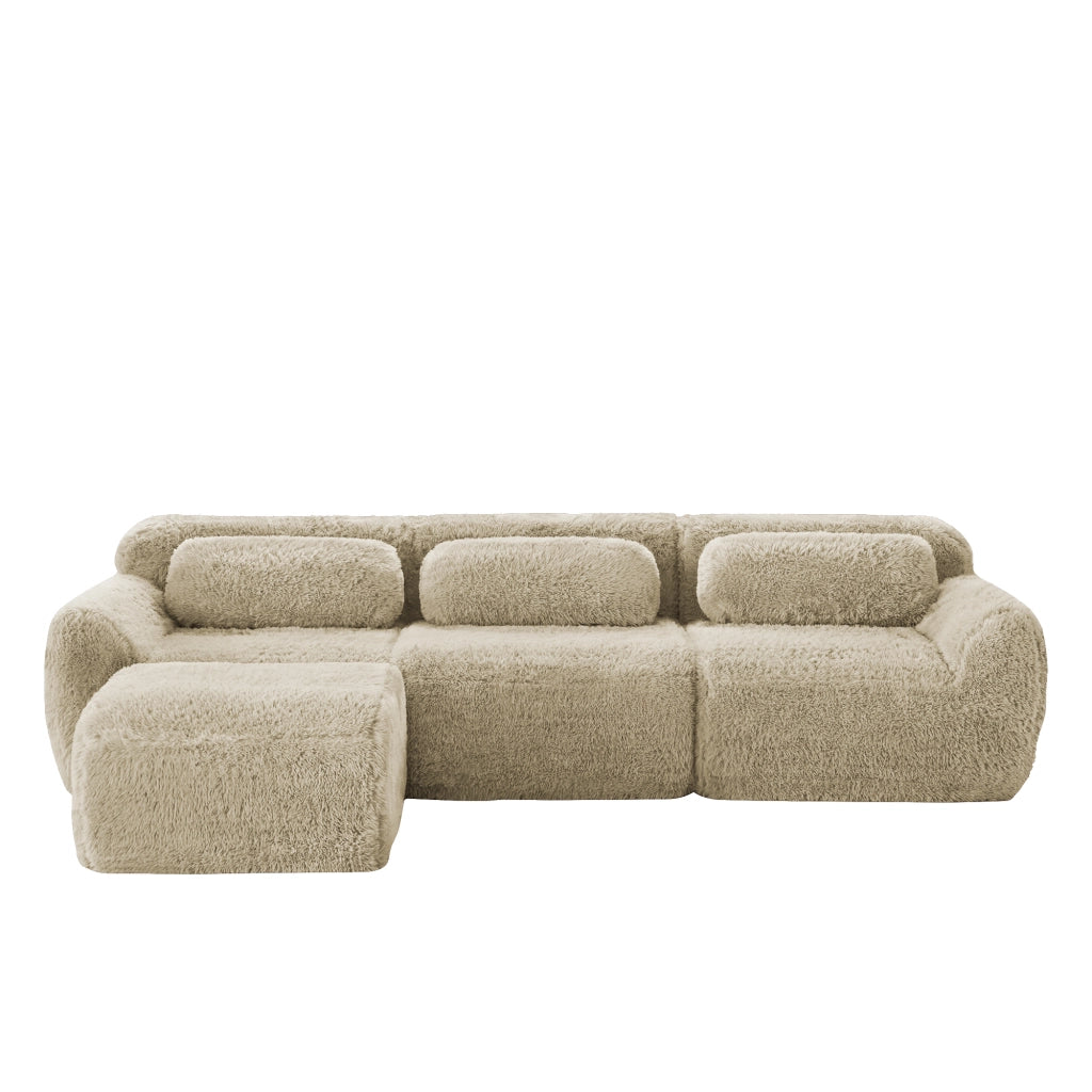 Divano Modulare ad Angolo con Pouf; senza Struttura e senza Montaggio; in Peluche; Cachi Chiaro