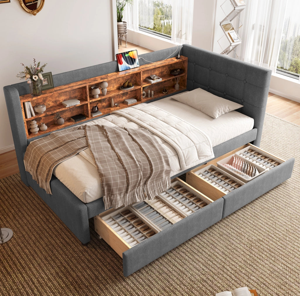 Letto da giorno ULEVR 90x200 cm con 2 cassetti, USB e Type-C, ripiani integrati, lino grigio