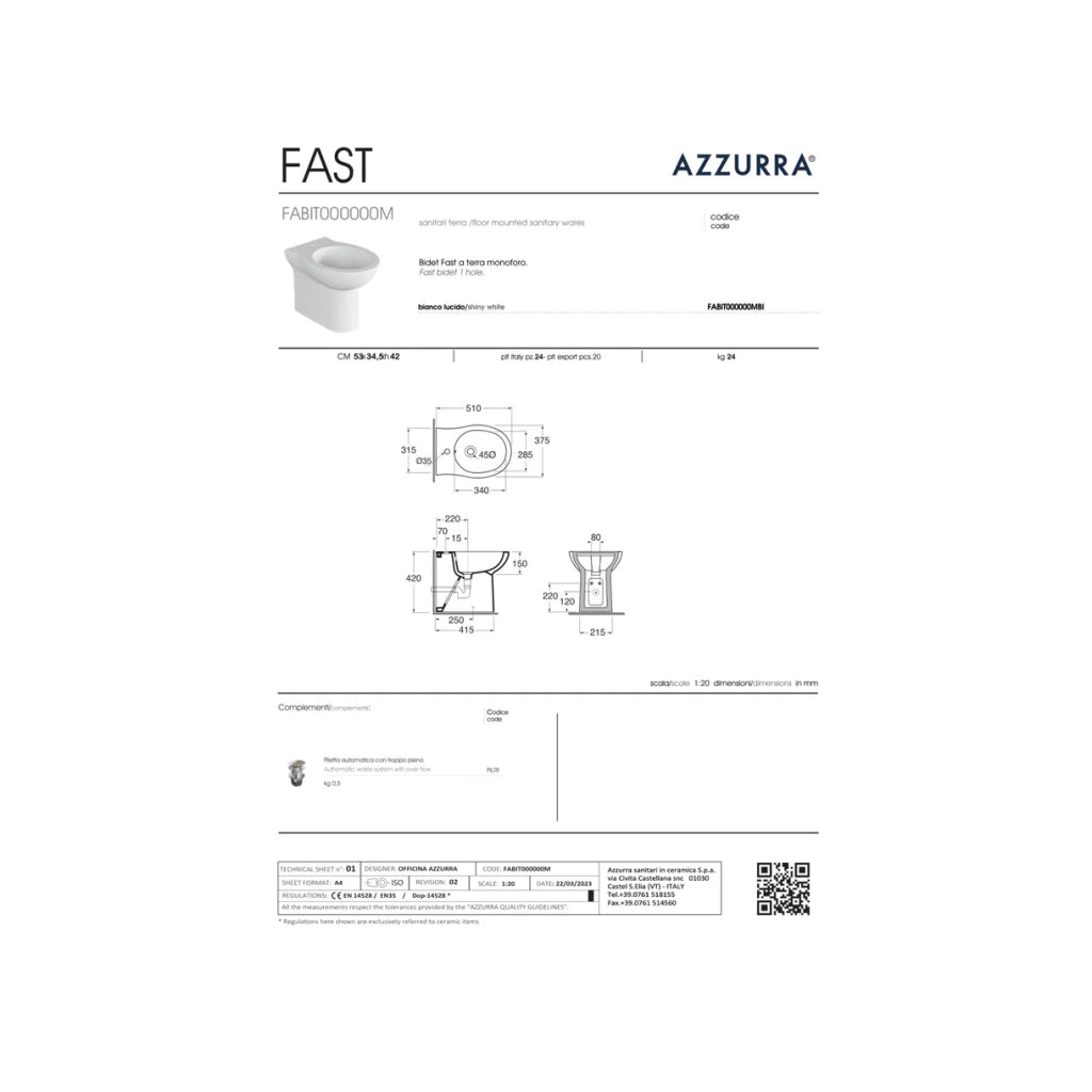 Coppia Di Sanitari Azzurra Ceramica Da Terra Filo Muro Bianco Lucido "Fast"