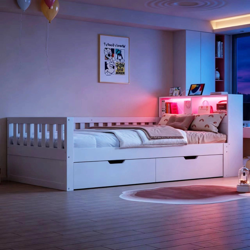 Letto singolo 90×200 cm con cassetti; ripiani; LED; USB; Type-C e sponde di sicurezza; senza materasso; legno; bianco