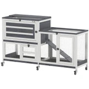 Conigliera a 2 Livelli con Rampa e 3 Vassoi, in Legno di Abete e Acciaio, 147x45x89.5 cm, Grigio e Bianco