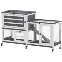 Conigliera a 2 Livelli con Rampa e 3 Vassoi, in Legno di Abete e Acciaio, 147x45x89.5 cm, Grigio e Bianco