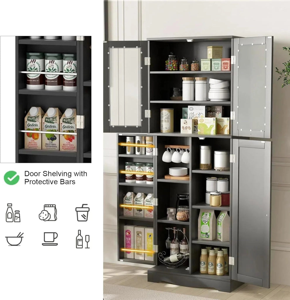 Credenza da Cucina con Anta Multi-Stoccaggio, Mobile Cucina Dispensa con Dispositivo Antiribaltamento, Armadio di Stoccaggio, 60 x 31,5 x 161,5 cm, per Soggiorno, Sala da Pranzo (Nero)
