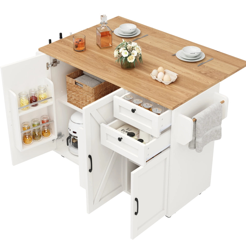 Carrello da cucina 120x43.2x92 cm pieghevole con ruote bloccabili in MDF bianco