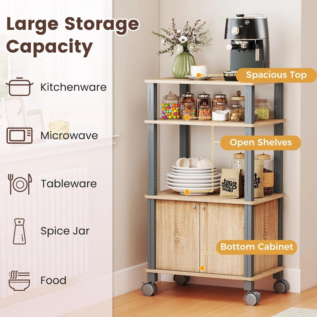 Carrello da Cucina a 3 Livelli per Microonde, Carrello Portaoggetti con Ruote e Armadio con Porta, Carrello di Servizio in Legno, Organizer per Sala da Pranzo, 60 x 40 x 98 cm (Naturale)
