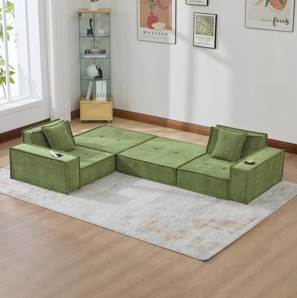 Pouf sofa modulare in ciniglia verde con 2 cuscini; 162x78x66 cm