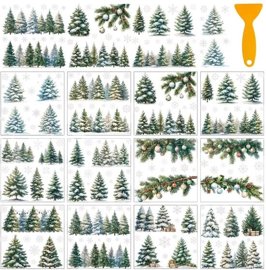Decorazione di Natale per Finestre - 12 Fogli - Stickers con Effetto di Wrijven - Neve - Alberi - Mobili - 5,5 x 5,5 cm - Stickers per Finestre