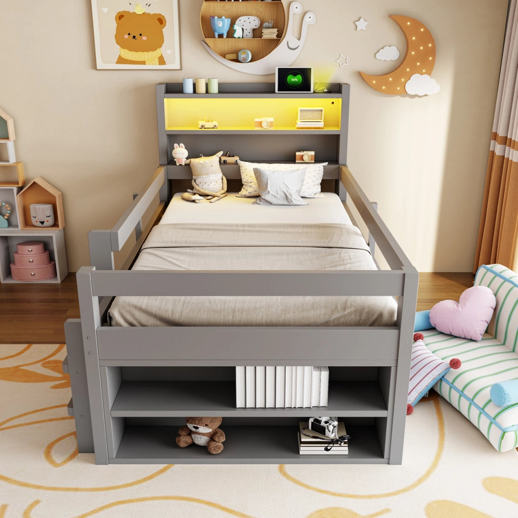 Letto a soppalco 90×200 cm; letto singolo con ripiani; LED; USB e sponde; senza materasso; legno; grigio