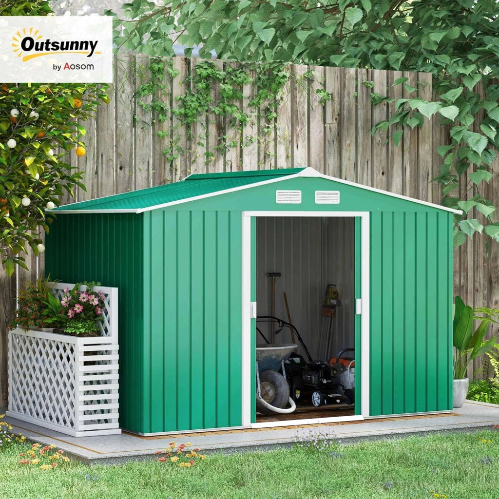 Casetta da Giardino 4.9 m² con Fondazione, 4 Prese d'Aria e 2 Porte Scorrevoli, Capanno Porta Attrezzi in Lamiera d'Acciaio, 277x195x192 cm, Verde Scuro