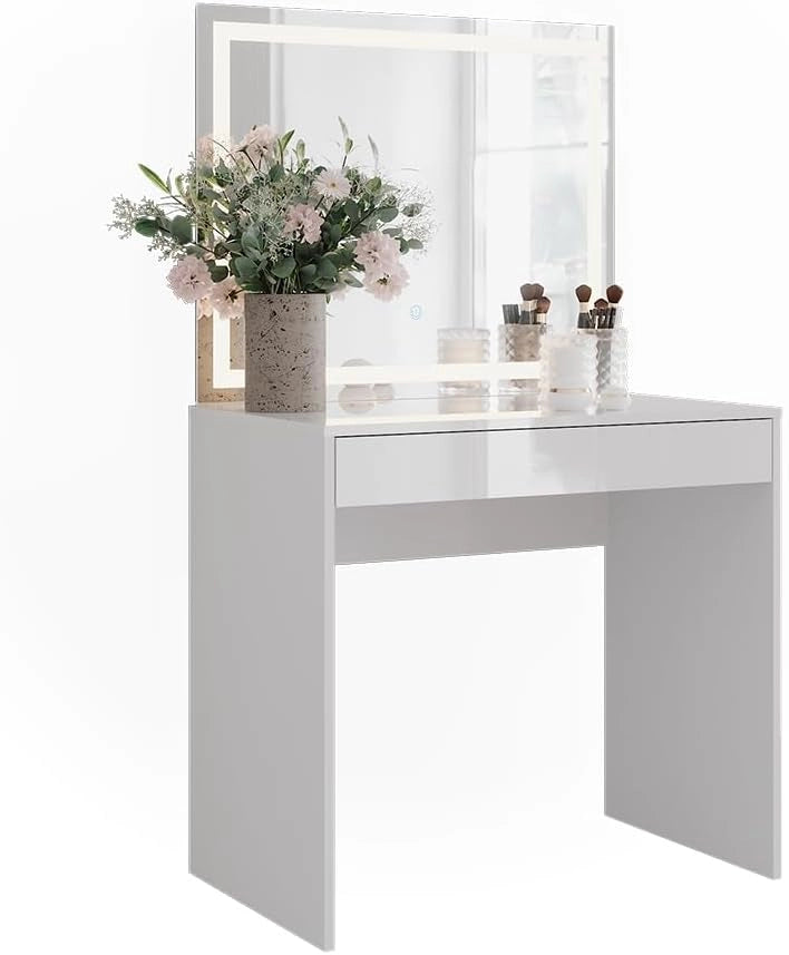 Tavolo da toeletta Sherry, Bianco/bianco lucido, 81.4 cm con specchio LED, per l'organizzazione di cosmetici e prodotti per la cura personale