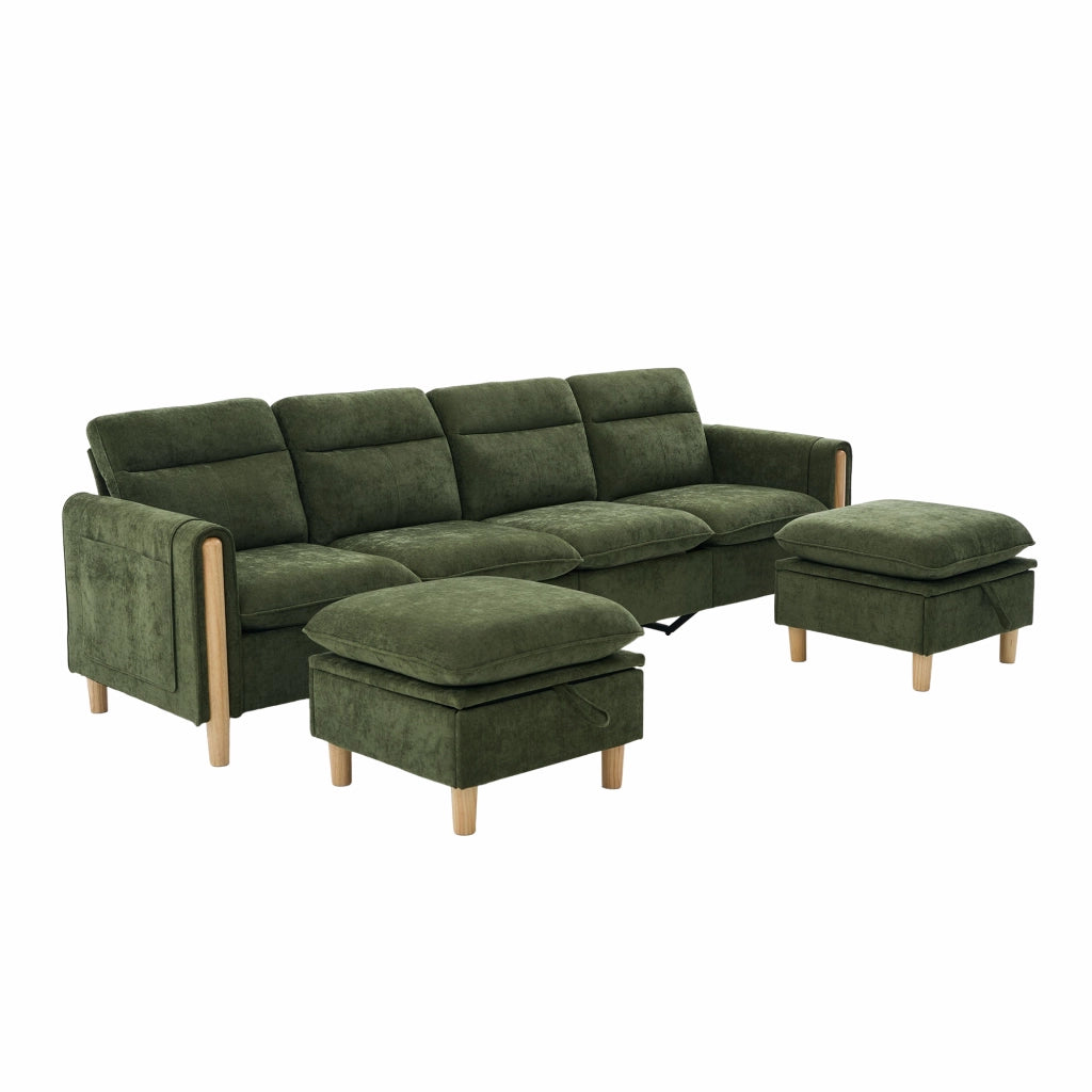 Divano panoramico a U modulare con contenitori e tasche laterali in chenille verde per famiglia 261 × 77 × 86 cm