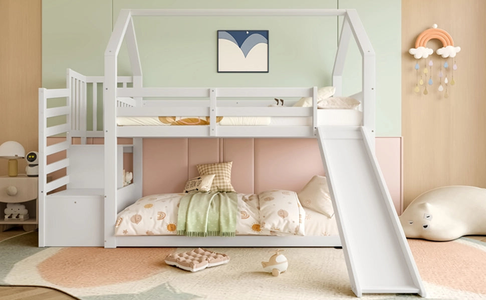 DESMIU Lit a castello casetta 90 × 200 cm 2 posti con scivolo e contenitore, senza materasso, bianco