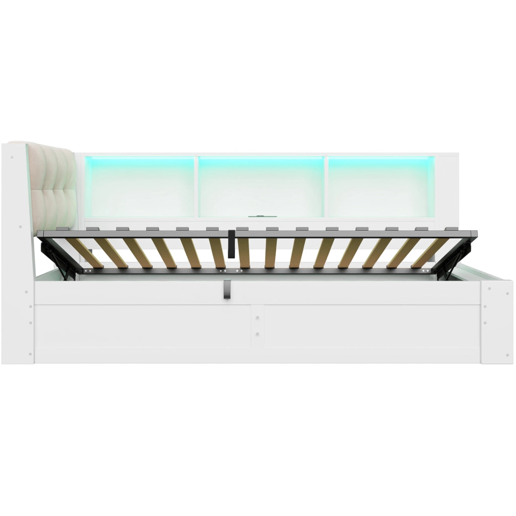 Letto contenitore 209x113.8x80.6 cm con alzata idraulica; LED e USB in legno di pino e MDF bianco