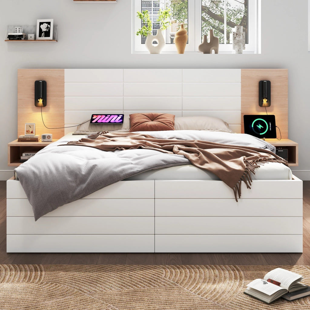 Letto matrimoniale 160x200 cm in legno con 2 cassetti, luci LED e USB, colore bianco/elegante quercia