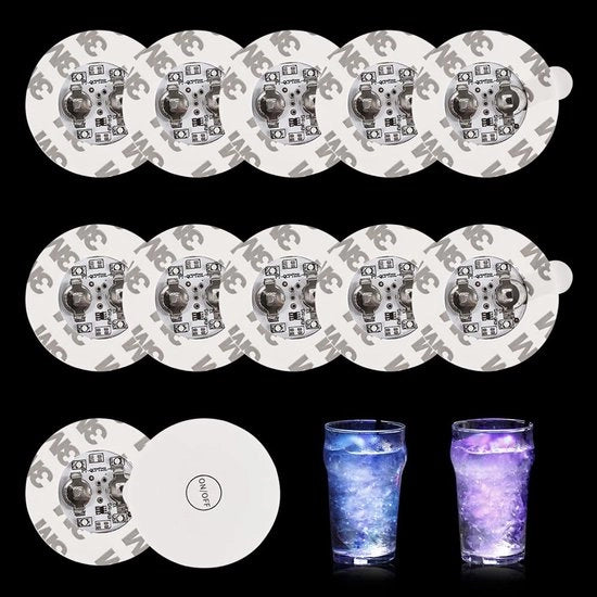 Pacco con 12 adesivi LED per illuminazione di atmosfera, 7 adesivi LED a 7 colori, basi LED da 6 cm, adesivi luminosi autoadesivi, illuminazione decorativa per bicchieri di vetro, bar LED, festa, tè, birra, tazze da caffè
