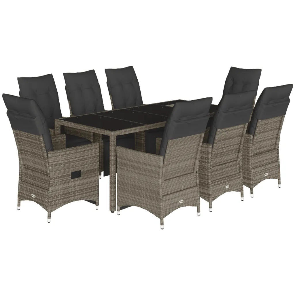 Set BistrÃ² da Giardino 9 pz con Cuscini in Polyrattan Grigio