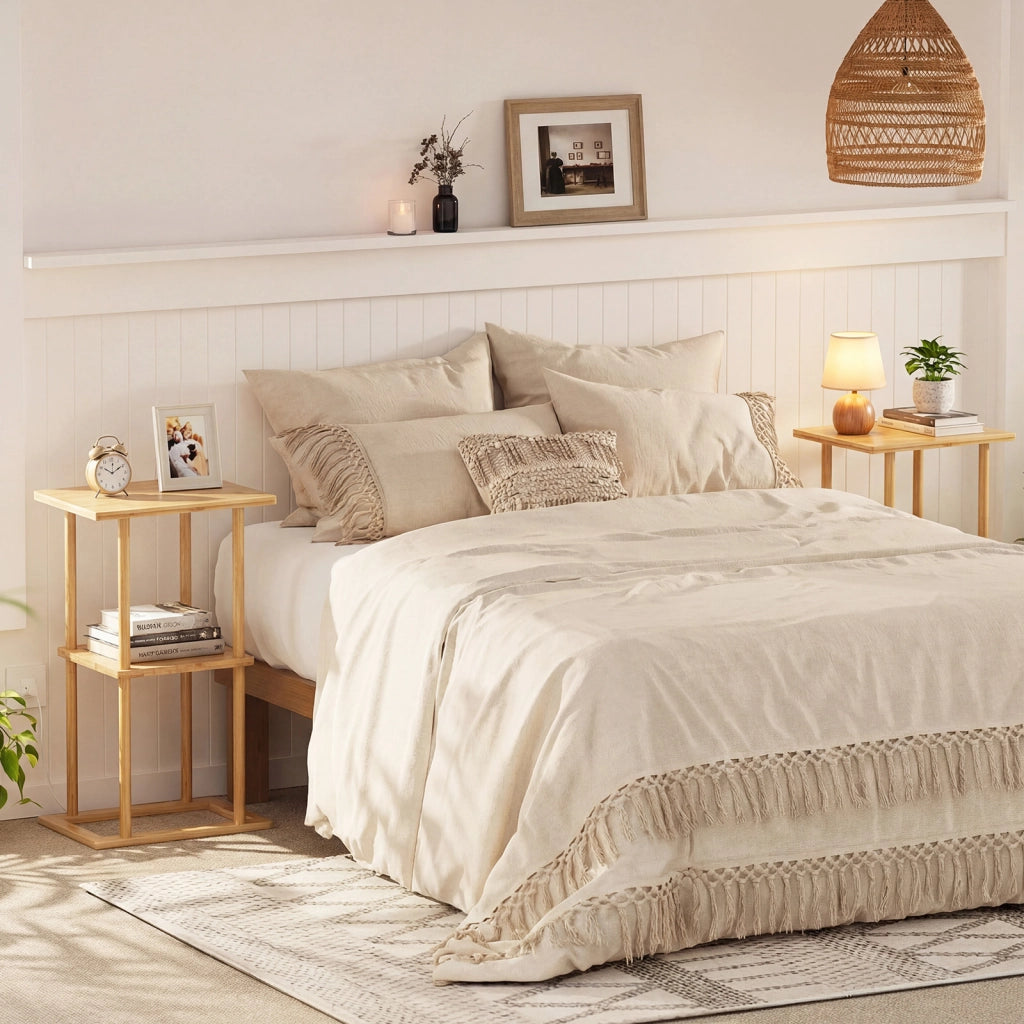 Tavolino laterale compatto in bamboo con mensole portaoggetti 2 pezzi, Tavolino d'appoggio per soggiorno e camera da letto