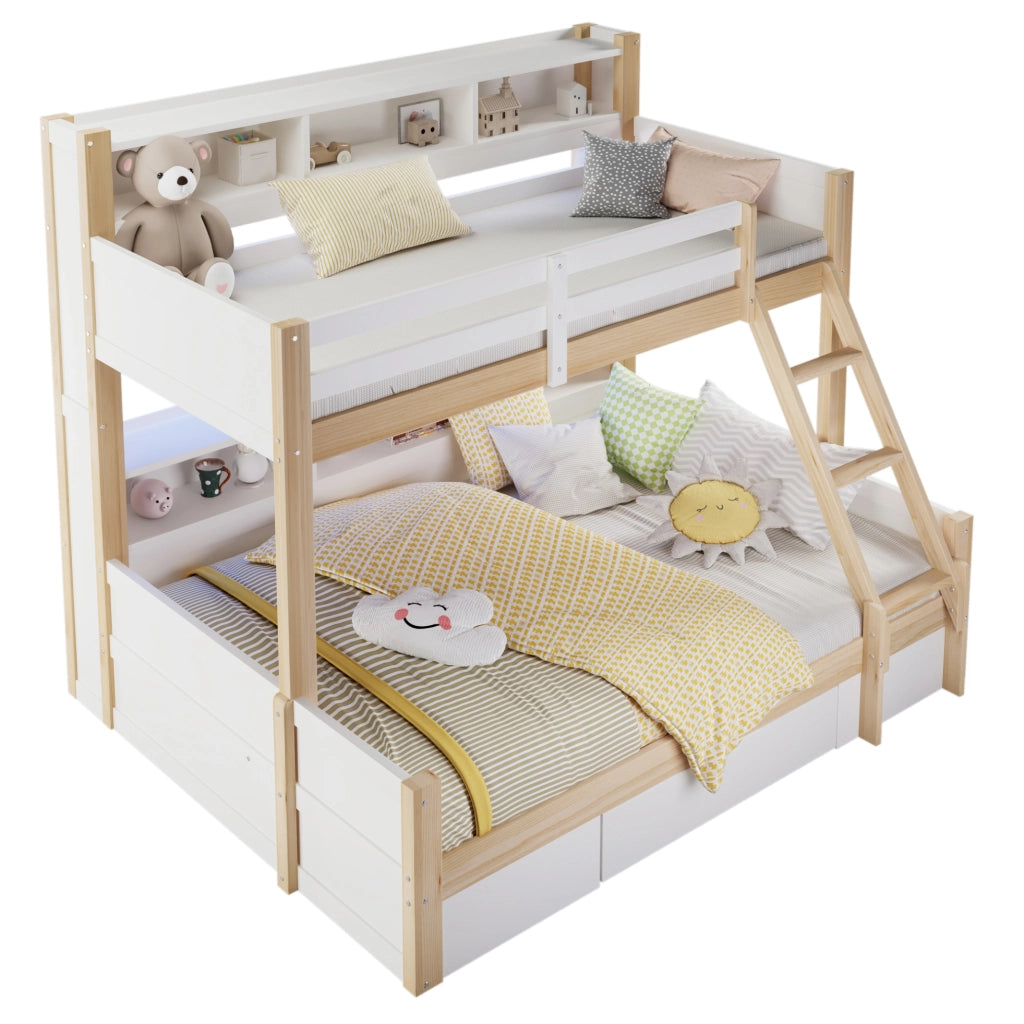 Letto a castello per bambini 90x200 cm + 140x200 cm in pino; bianco e naturale; con LED; cassetto e vani aperti