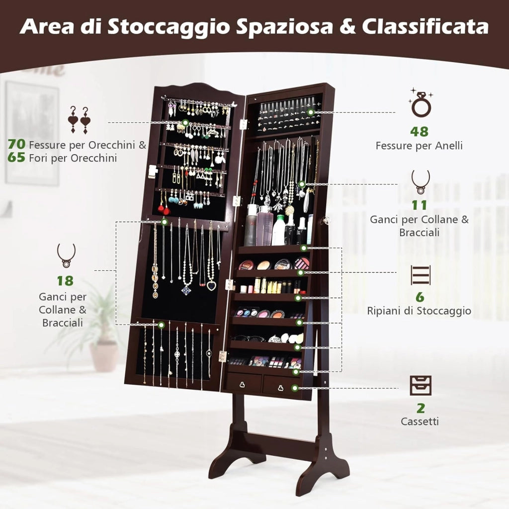 Armadietto Portagioie Specchiera per Gioielli con Chiave e Luci LED, Specchio Figura Intera da Terra, 160x41,5x37cm (Marrone)