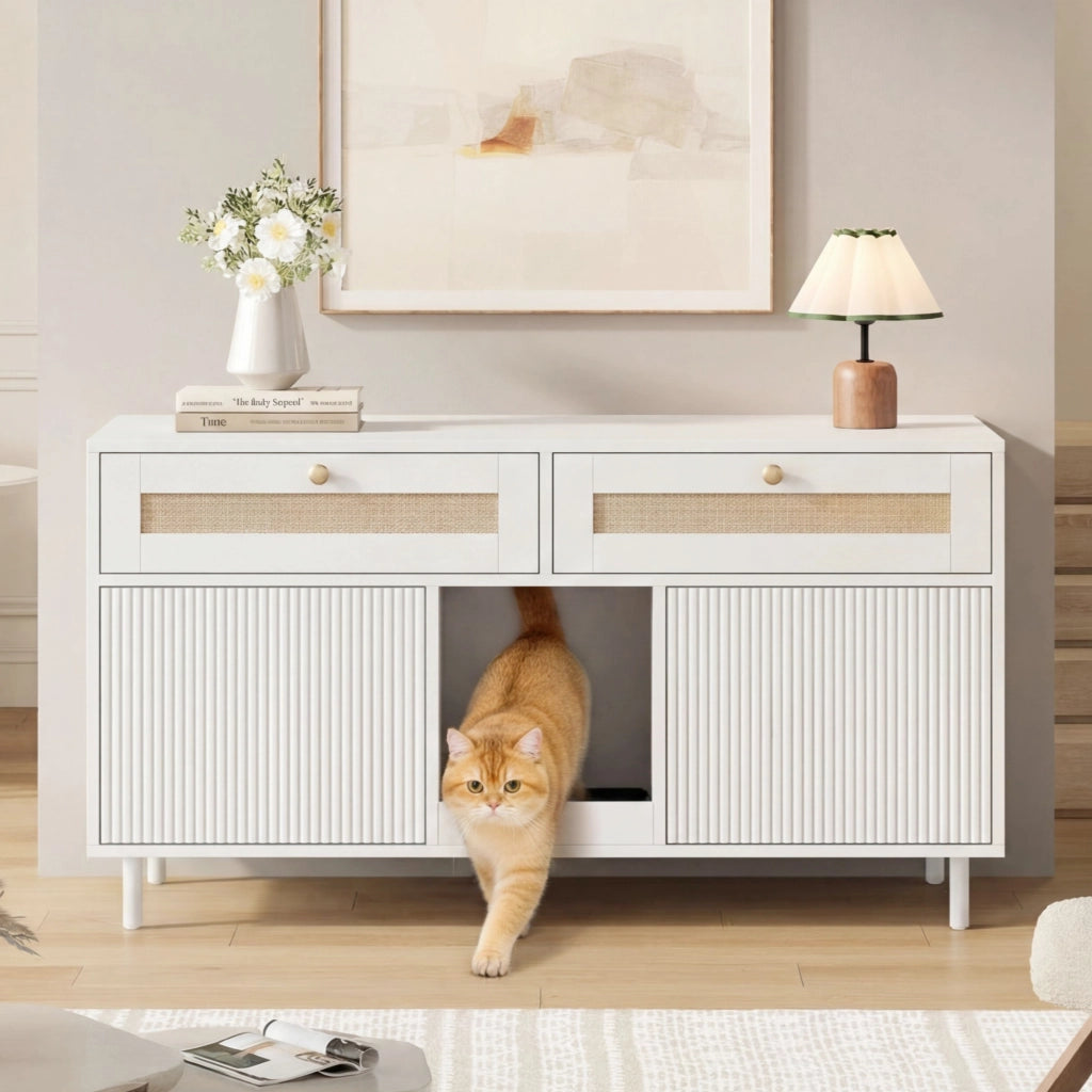 Mobile porta lettiera per gatti con doppia anta, cassetto, tappetino raccogli-sabbia, MDF bianco, 120x50x65 cm