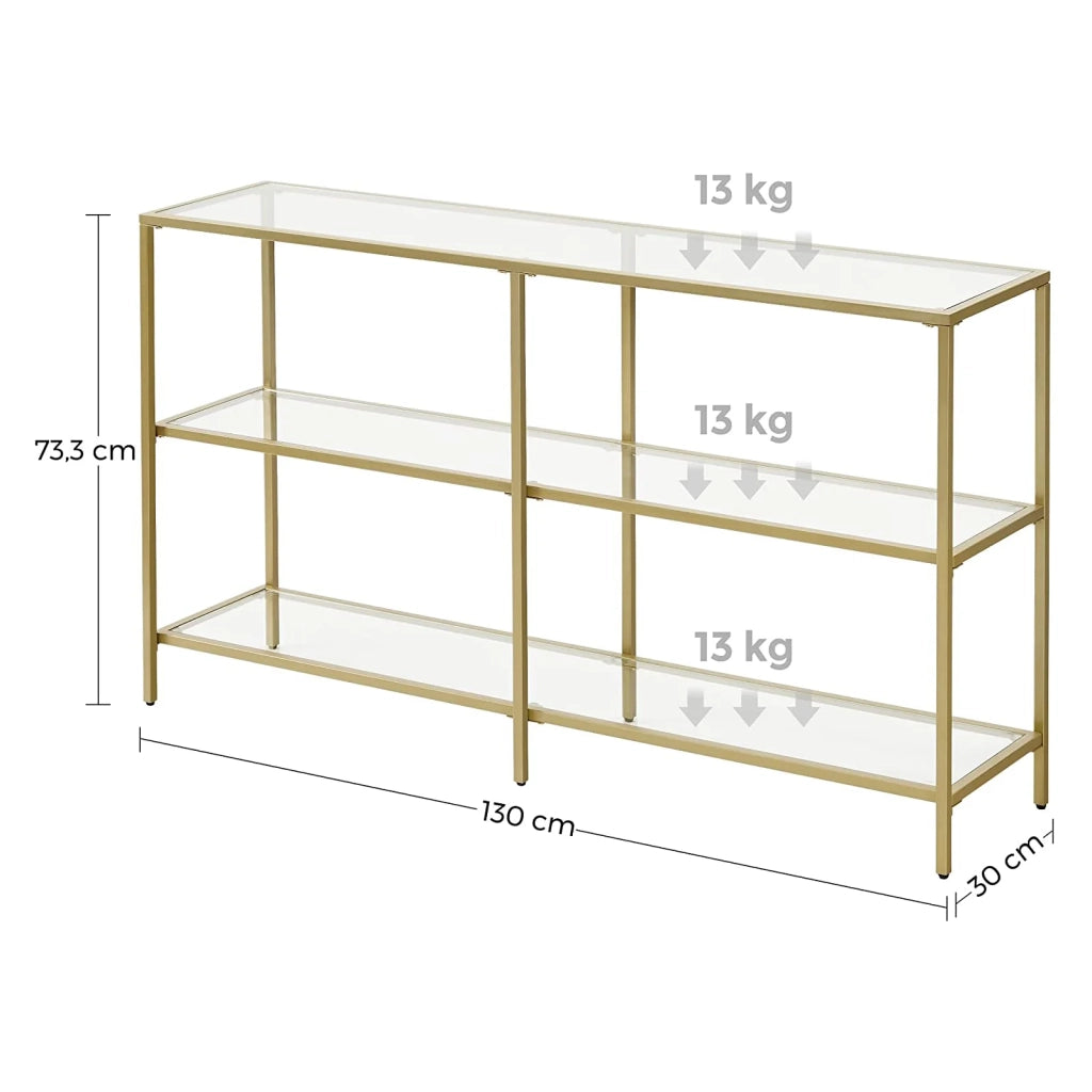 Consolle mobile da ingresso ripiano a 3 ripiani in vetro temperato 130 x 30 x 73 cm struttura in metallo stile moderno per ingresso soggiorno camera da letto oro 12_0007507