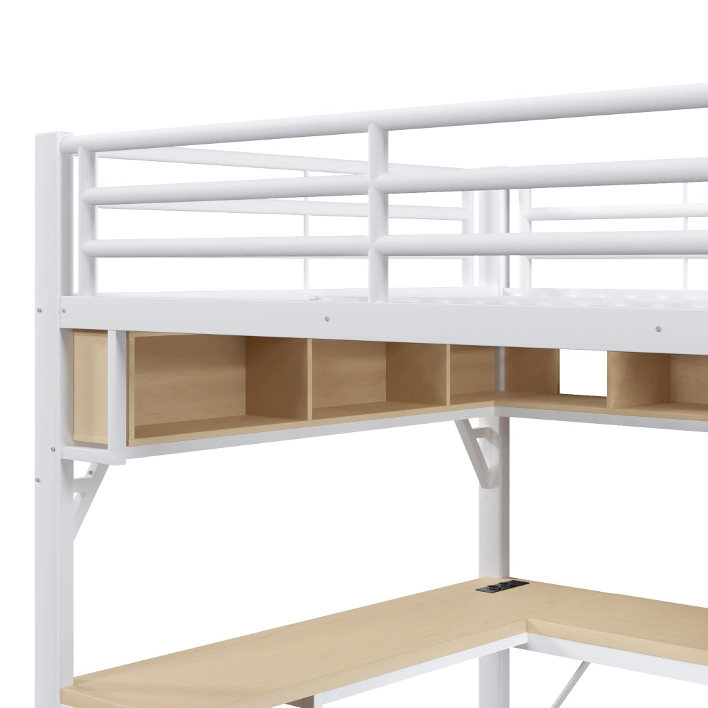 LETTO a soppalco 140x200 cm in metallo e MDF bianco con scrivania, libreria, LED e USB