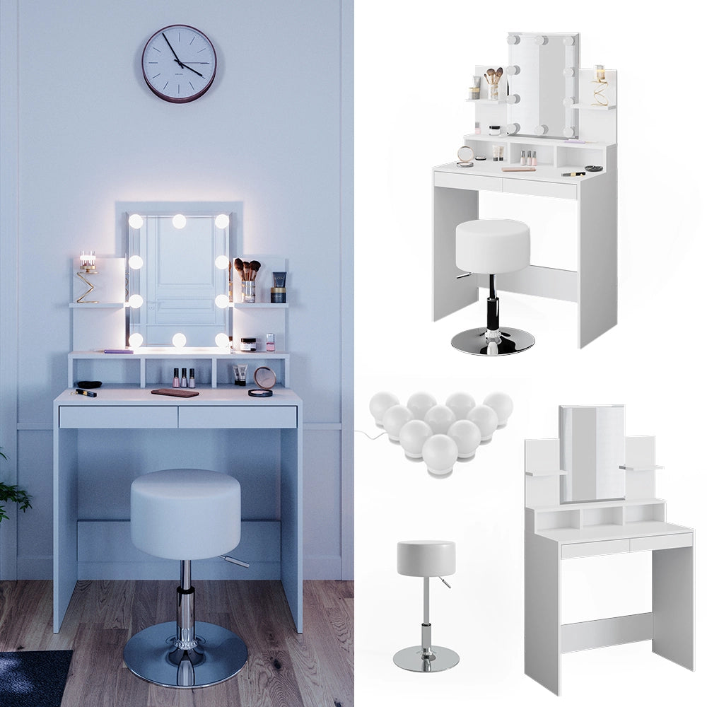 Vicco Tavolo da toeletta Bianco 80 cm con illuminazione LED e sgabello