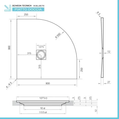 Piatto doccia semicircolare 80x80 grigio riducibile su misura Ten