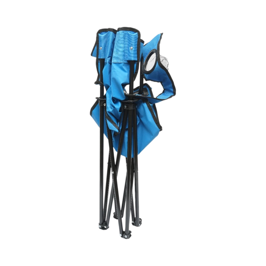 Sedia da campeggio pieghevole blu con portabicchiere, custodia per il trasporto, struttura metallica 50x80x80 cm.