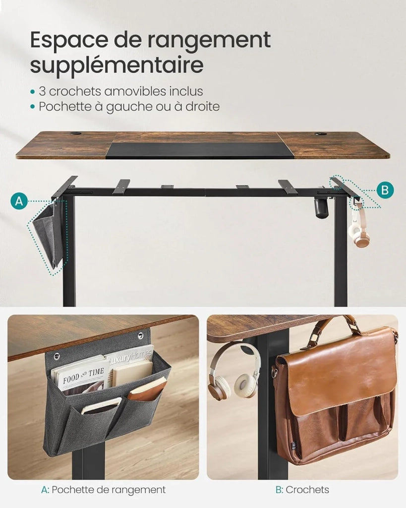 Scrivania elettrica regolabile in altezza con funzione di memoria 4 posizioni di altezza tasca portaoggetti struttura in acciaio piano spesso 140 x 60 x (72-120) cm marrone rustico e nero 12_0004553