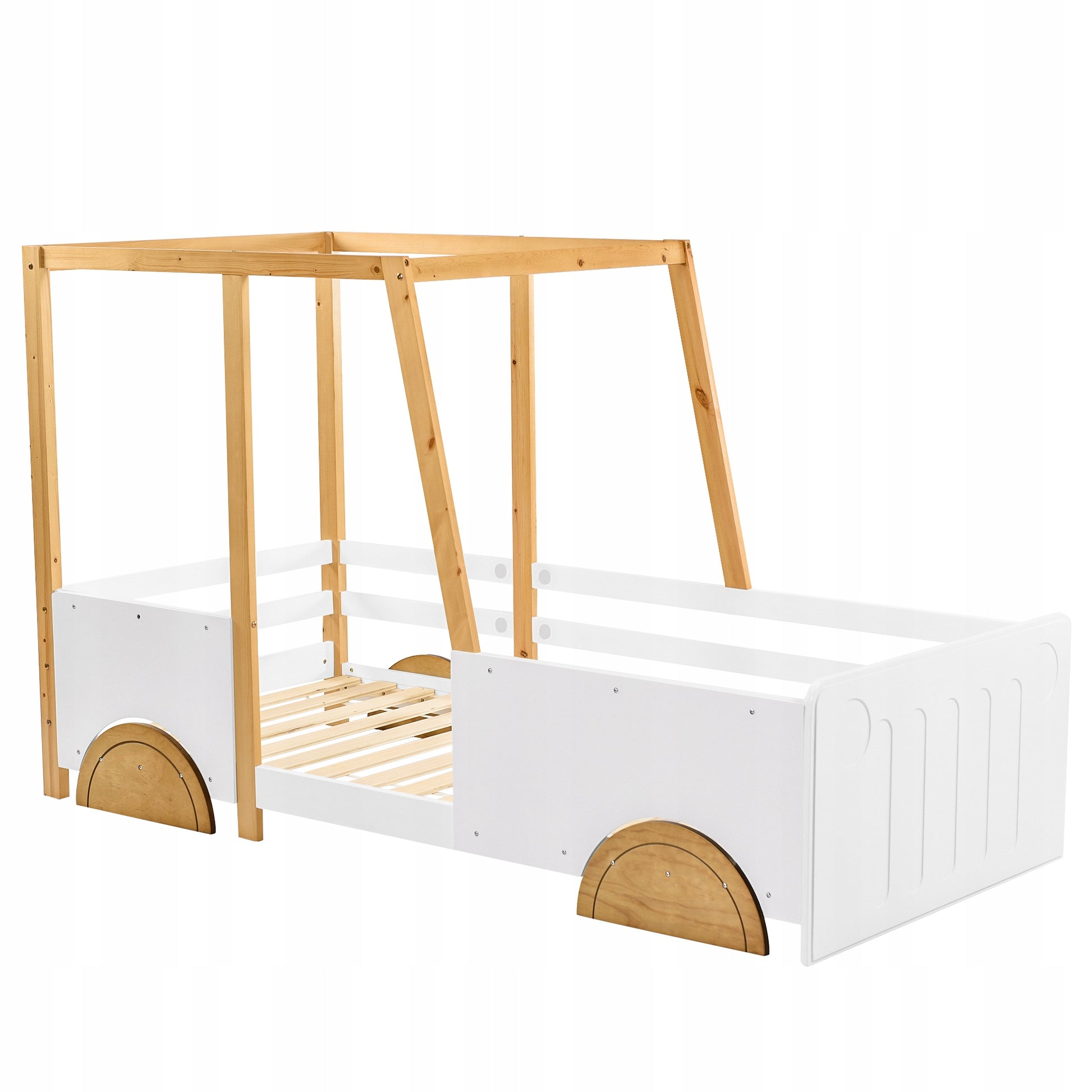 Letto a forma di auto per bambini - Xylo - 90x200 cm - Bianco e Naturale