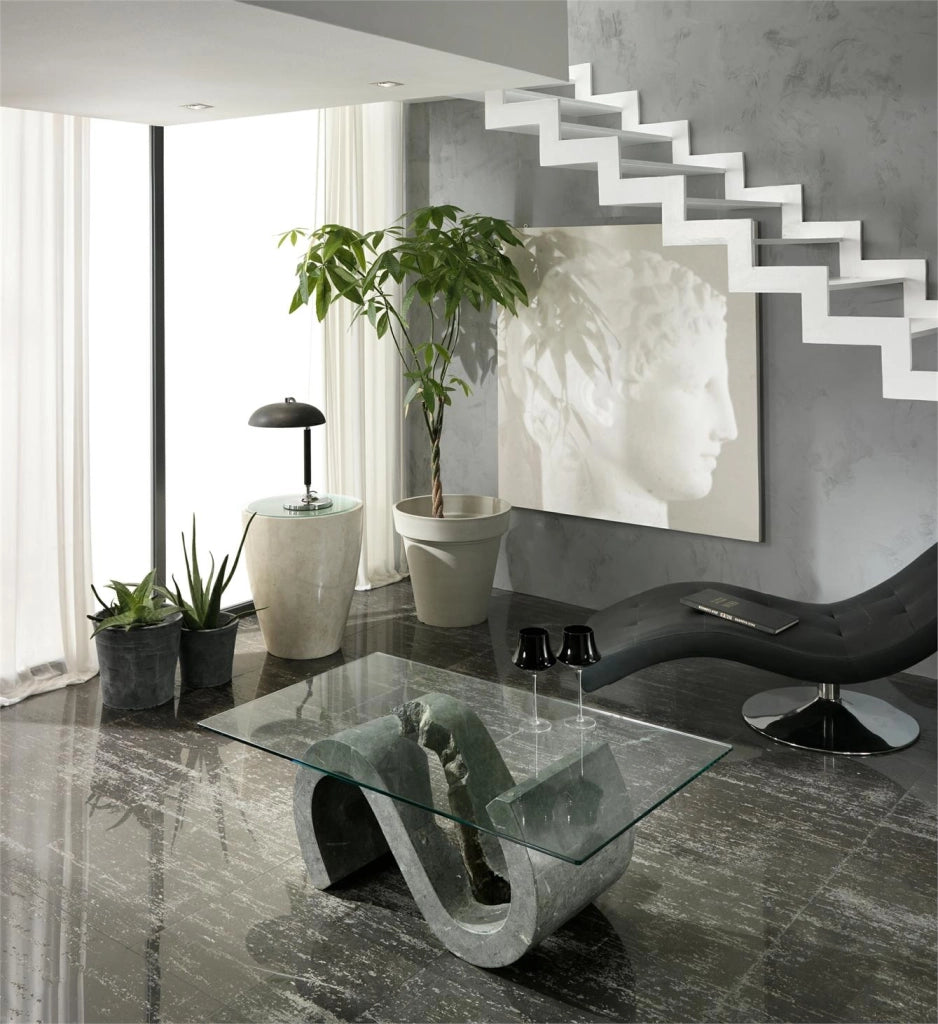 Flexus Tavolino Rettangolare con Base in Pietra Fossile Gray Stone e Top in Vetro Temperato Trasparente - Design Moderno Esclusivo