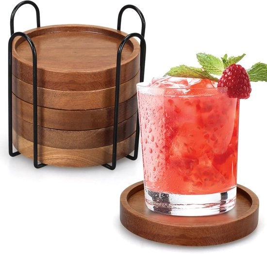 Set di 6 sottopiani in legno per bicchieri con holder - sottopiani - sottopiani per bicchieri - sottopiani in acacia - sottopiani per bicchieri, bar, tazze, bicchieri (10,6 cm)