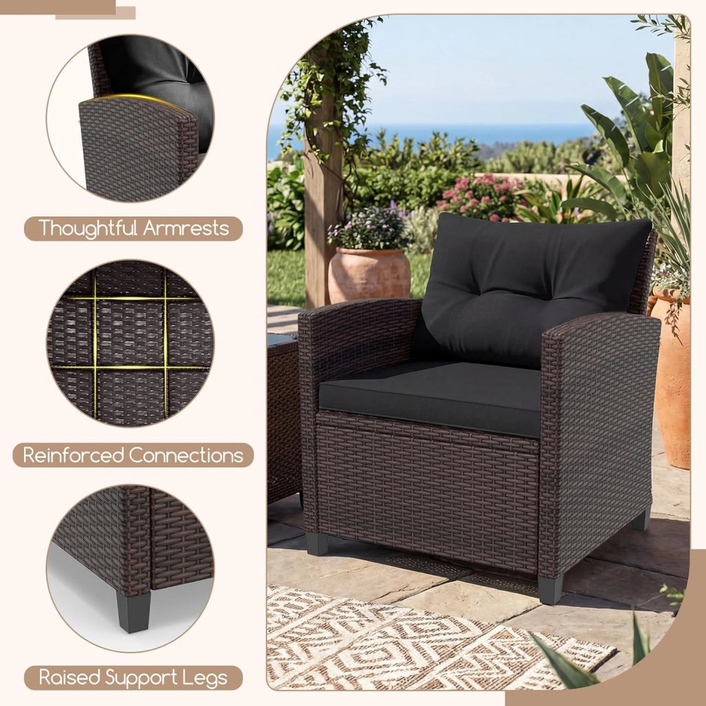 Set di Mobili da Giardino, in Rattan, 3 Pezzi Mobiletti, 1 Tavolino + 2 Poltrone, Salottino da Esterno, con Cuscini per Balcone, Giardino, Cortile, Terrazza, 3 Colori (Nero)