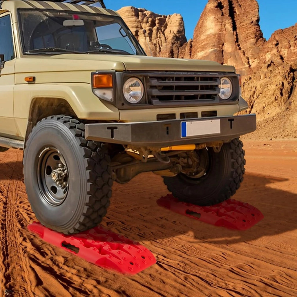 Tappetino di Trazione 2 Pezzi, Carico 10T, Piastre di Trazione per SUV Camper Auto Camion, Tavola di Recupero per Piste Offroad, per Sabbia, Neve, Fango (Rosso, 58 x 31 x 6 cm)