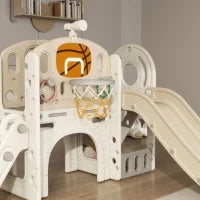 Struttura di gioco per bambini, scivolo 7 in 1, parco giochi interno con spazio di archiviazione e tunnel rampicante, 186x153x111 cm, Bianco crema