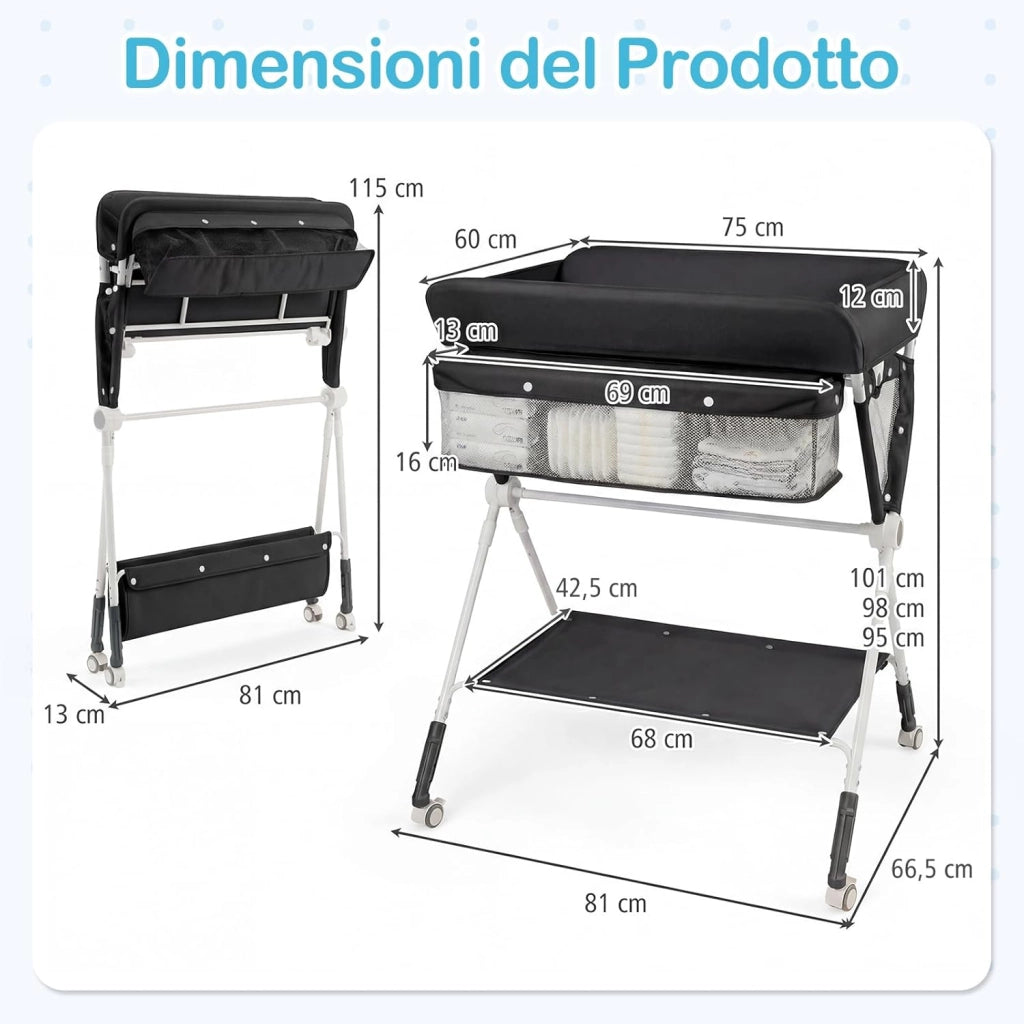 Fasciatoio Pieghevole per Bambini, Fasciatoio Portatile con Altezza Regolabile a 3 Livelli, Fasciatoio Neonato con Ruote di Bloccabili, Ripiano, Porta Asciugamani, per 0-12 Mesi (Nero)