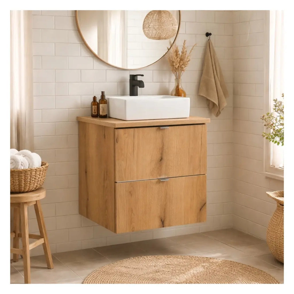 Set da bagno sospeso VANO effetto quercia 50cm: mobili sotto lavabo con cassetti + piano per lavabo