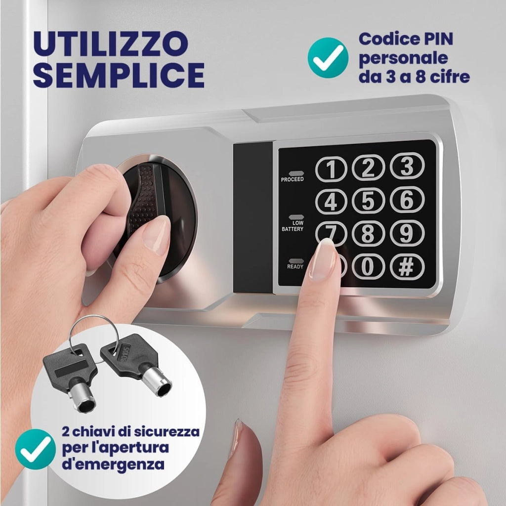 Cassaforte Elettronica con Combinazione 31x20x20cm LED Doppio Bullone in Acciaio Cassetta Sicurezza Argento