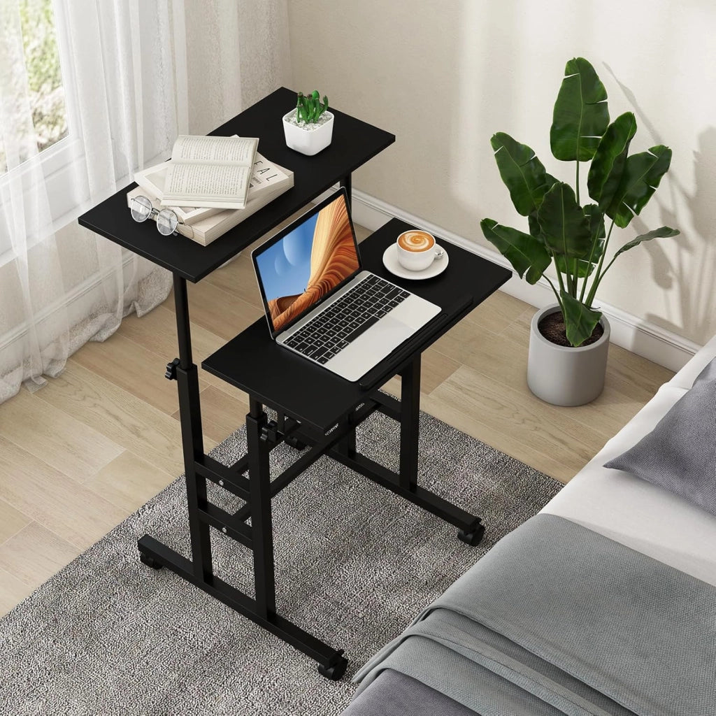 Scrivania per Computer Regolabile in Altezza, Scrivania Salvaspazio con Ruote e Ganci, Tavolo Porta PC per Studio e Ufficio, 60 x 60 x 72-124 cm (Nero)