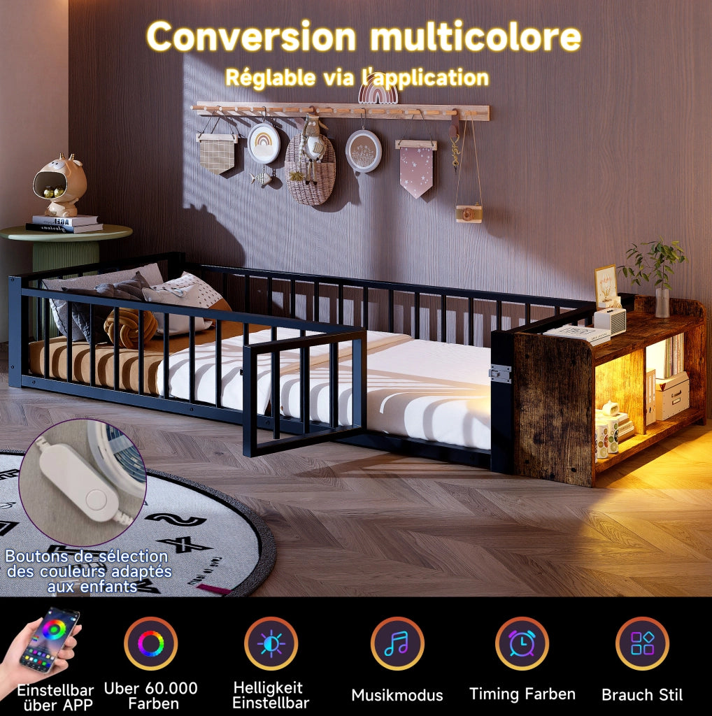 Letto singolo 90x200 cm in metallo e MDF; nero; con sponda di sicurezza; ripiano e LED