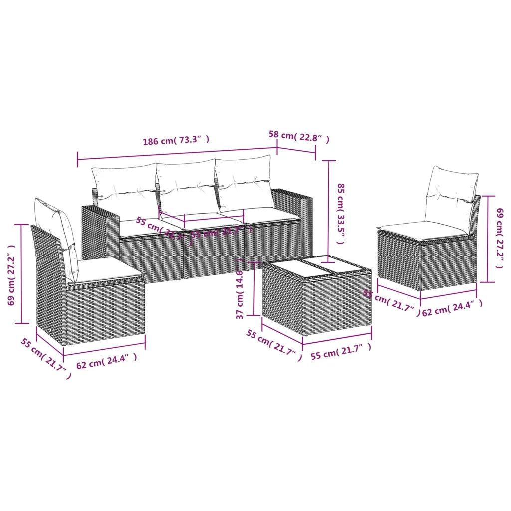 Set Divano da Giardino 6 pz con Cuscini Beige in Polyrattan