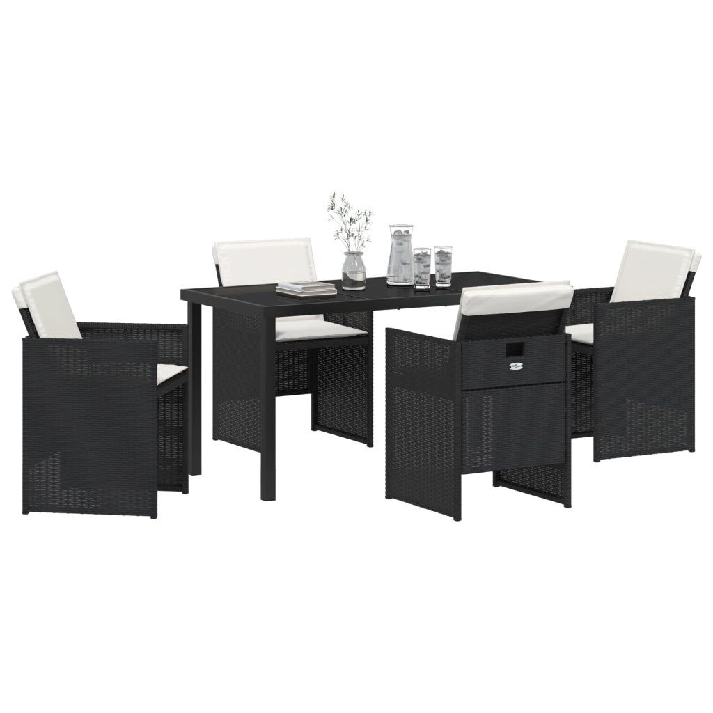 Set da pranzo da giardino di 5 pezzi con cuscini in polyrattan nero