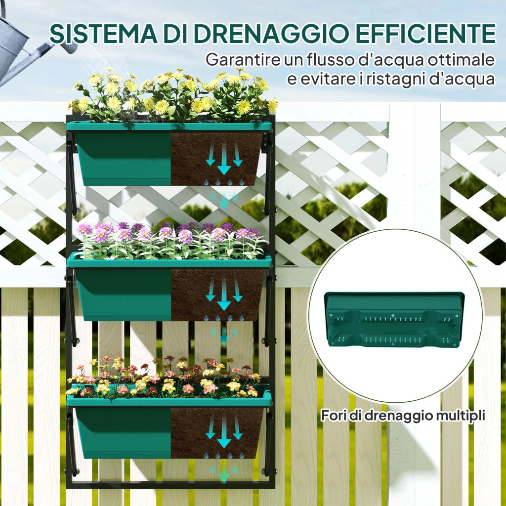 Fioriera da Esterno Verticale e 3 Vasi per Piante in Plastica con Fori di Drenaggio, 56x42x100 cm, Verde