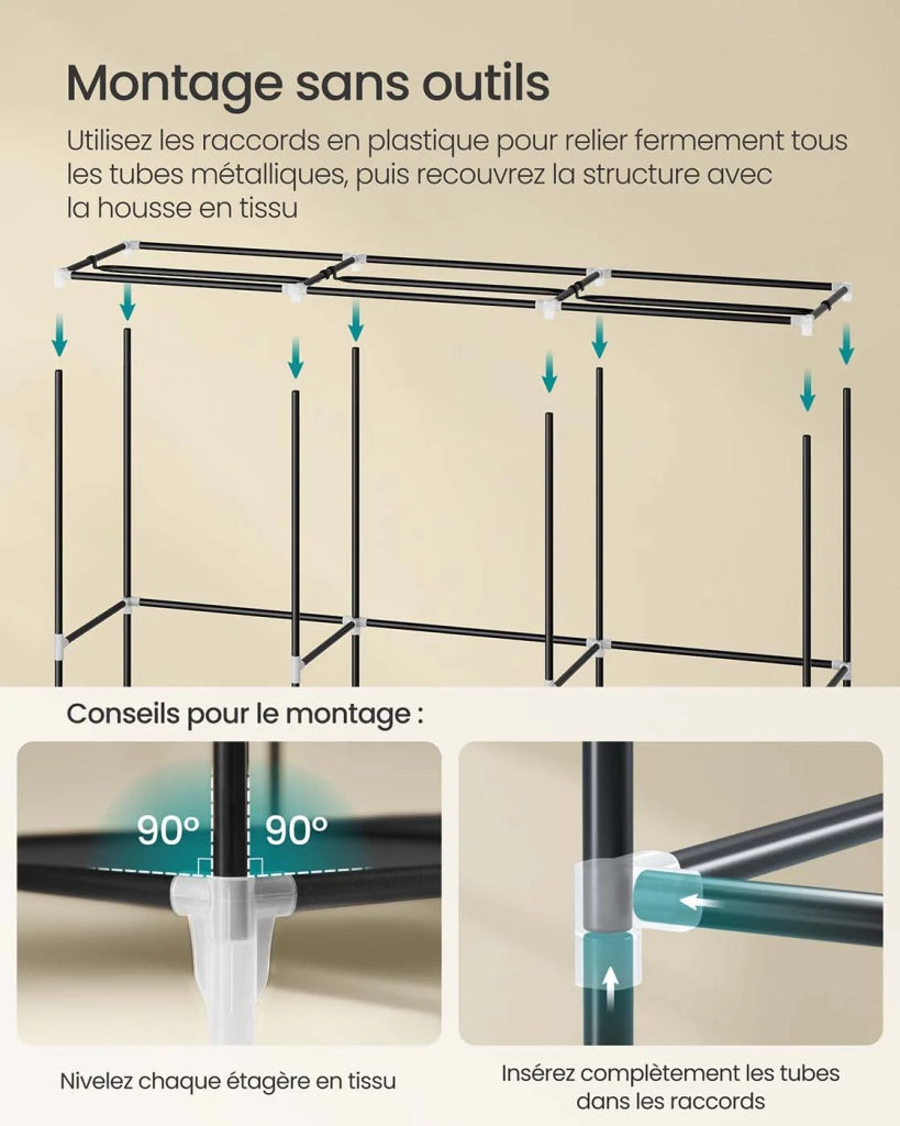 Armadio per camera da letto in tessuto appendiabiti 45 x 127 x 176 cm 2 scomparti appendiabiti con ripiani 4 tasche grande capacità per camera da letto/soggiorno nero 12_0003968