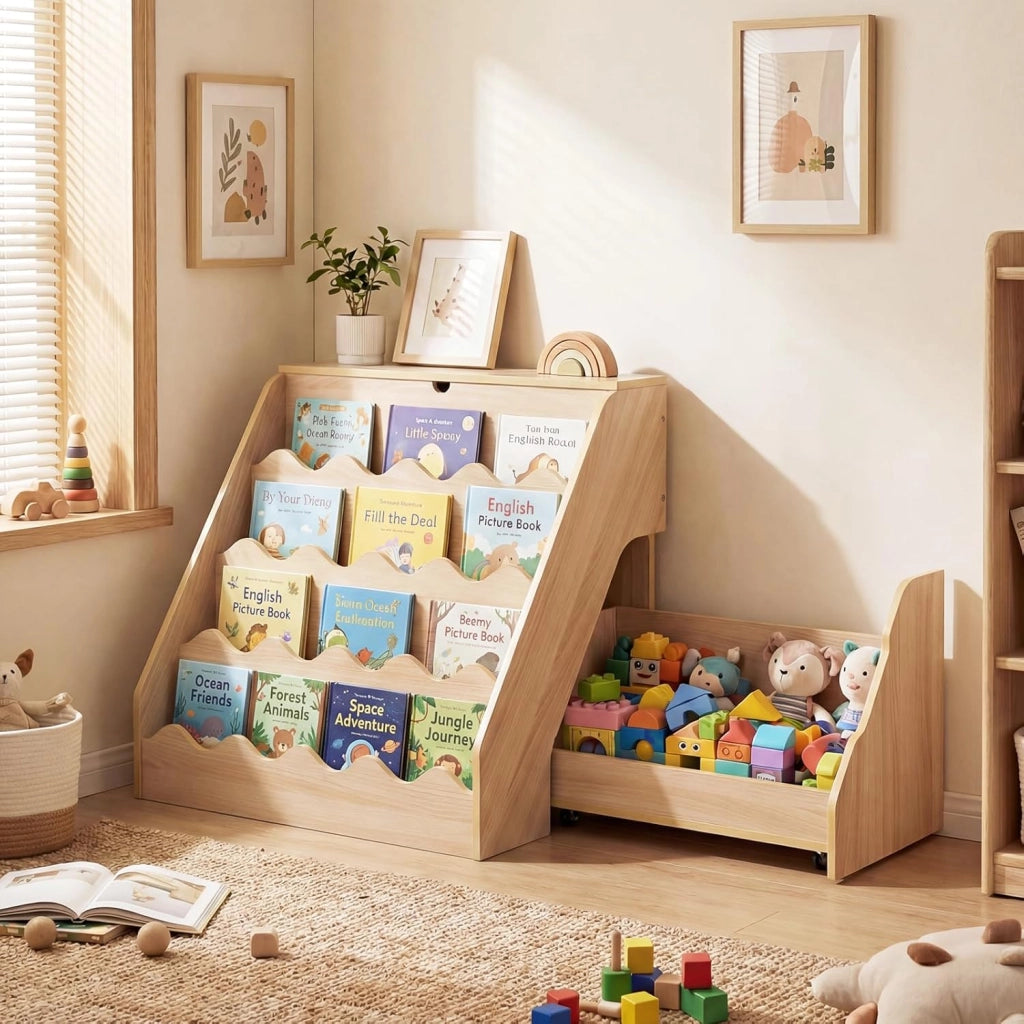 Libreria Montessoriana per Bambini 2in1, Scaffale per Libri a 4 Livelli con Carrello Portagiochi, Vano con Coperchio Ribaltabile, per Cameretta e Stanza dei Giochi, 63x49x61,5 cm (Naturale)