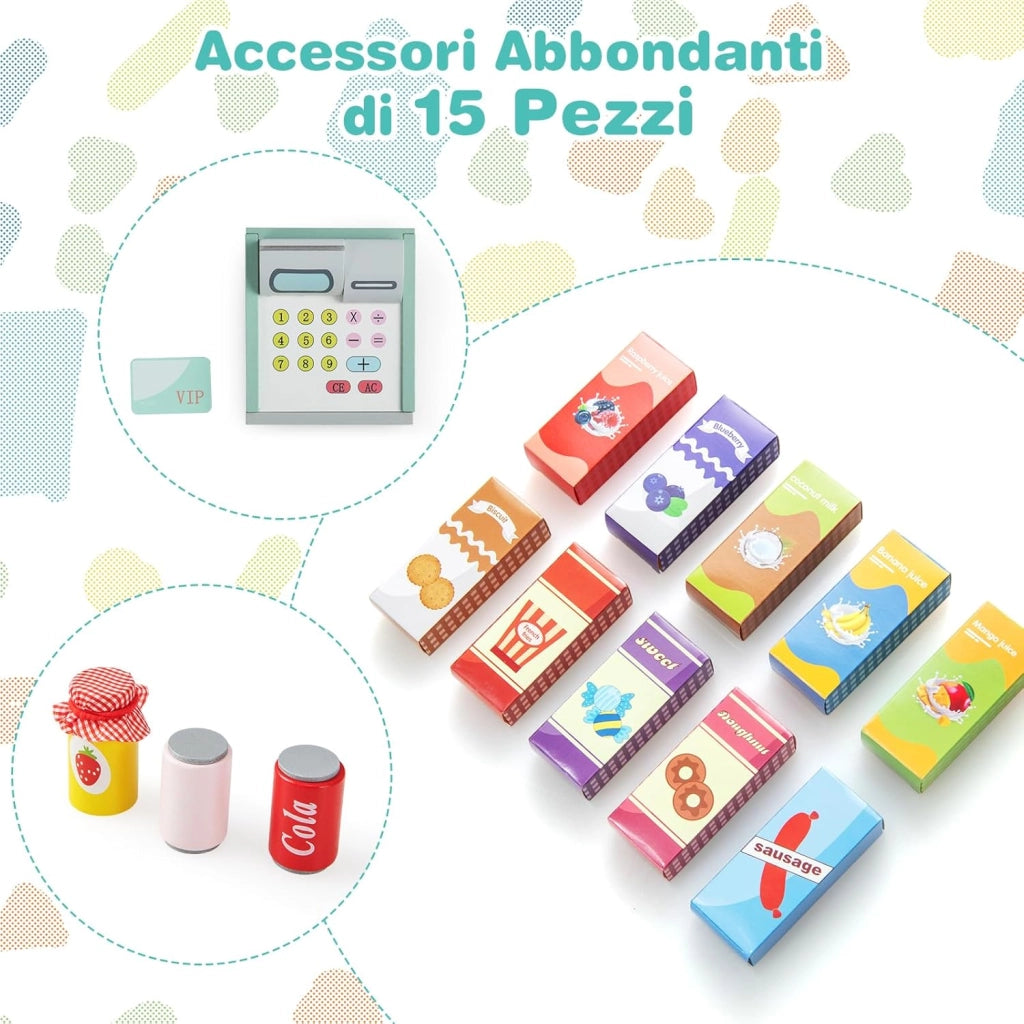 Negozio Alimentare per Bambini, Set di Giocattoli Supermercato in Legno con Cassa, Macchina POS, Distributore Automatico, Lavagna Scrivibile, per Bambini 3-8 Anni (Verde)