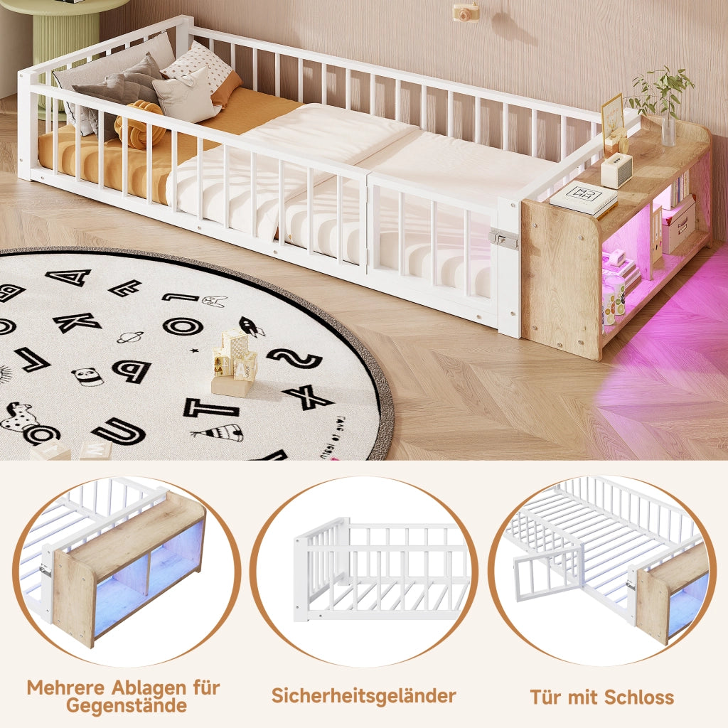 Letto in metallo con cassetti LED 90x200 MDF bianco e metallo